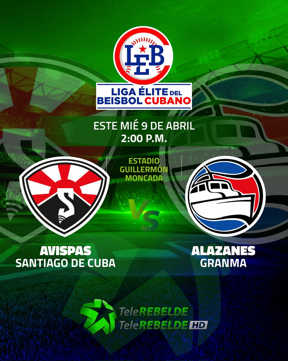 🔴Liga Élite del Béisbol 🇨🇺🔴

📆 Nuestras transmisiones de la Liga Élite para el MIÉR|9|ABRIL| 

➡️🐝 de Santiago de 🇨🇺 🆚 🐎 de Granma 

⏰ 2:00 PM

🏟️ Guillermón Moncada

📡Ambas Señales

¿Qué pronóstico tienes para la subserie?

Te leemos 💬👇🏻

#vivelapasión #ligaelite