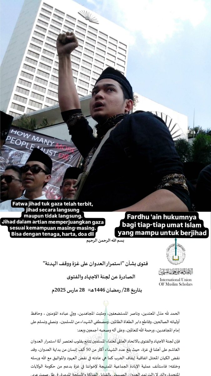 Fatwa jihad tuk gaza telah terbit, jihad secara langsung maupun tidak langsung.
Jihad dalam artian memperjuangkan gaza sesuai kemampuan masing-masing.
Bisa dengan tenaga, harta, doa dll

Fardhu 'ain hukumnya bagi tiap-tiap umat Islam yang mampu untuk berjihad