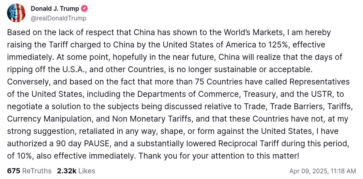 Rodpac's tweet photo. Donald Trump anuncia una pausa en los aranceles pero recrudece en contra de China. Los mercados vuelan. https://t.co/CzWRbMX8y7