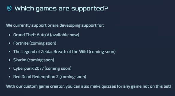 MapQuestor's tweet photo. Wondering which games are supported on https://t.co/V4hK2L0Q55 ?📷GTA V is live now, and support for Fortnite, Zelda: BOTW, Skyrim, Cyberpunk 2077, and RDR2 is coming soon! You can even create quizzes for any game using our custom creator for only 0.01 SOL 📷 https://t.co/O8LEMWzfCR