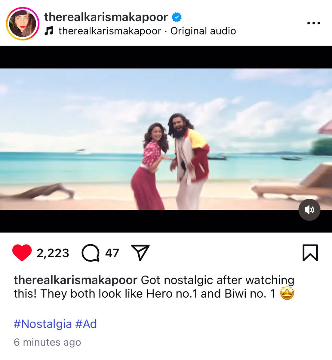 RanveeriansFC's tweet photo. Insta update:
Karishma Kapoor feels nostalgic after watching Ranveer Singh and Alia Bhatt’s latest #MakeMyTrip TVC. ❤️
#HeroNumber1 https://t.co/kRJZ5Rcz28