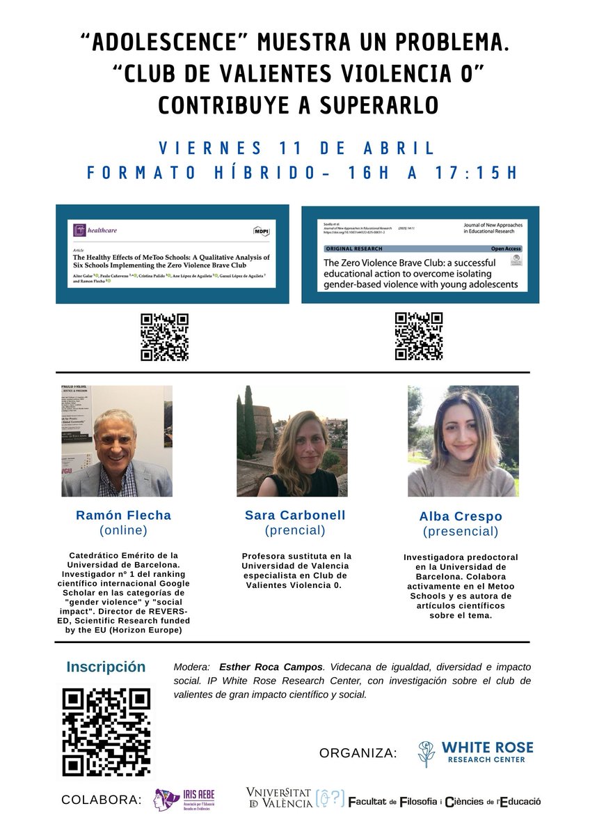 En el seminario HÍBRIDO "Adolescencia" personas investigadoras del mejor impacto científico y social, profesorado, familiares y otros agentes educativos dialogaremos sobre cómo lograr contextos libres de violencia. ¡200 personas apuntadas! ¿Te apuntas? forms.gle/3pdxaF7YqMKZUf…