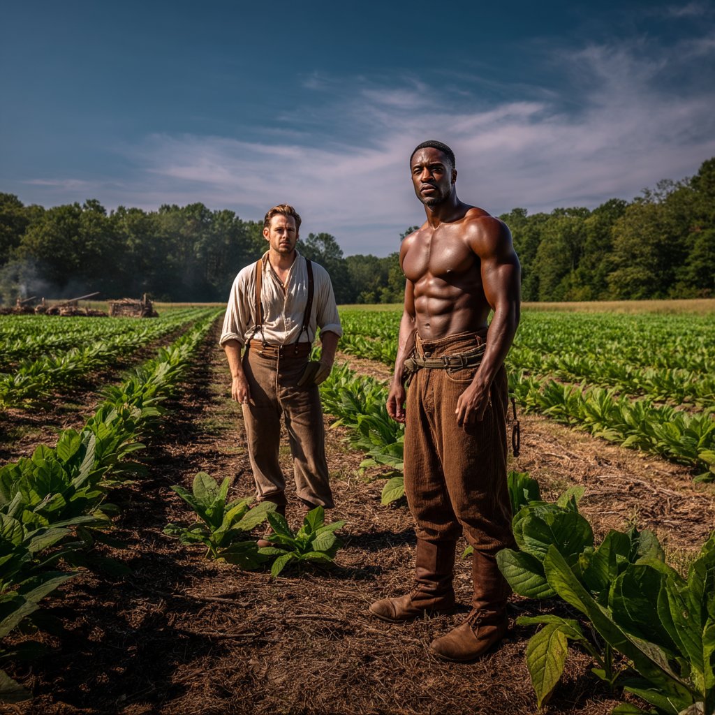 historyhadpower's tweet photo. A series in a Virginia tobacco field... from 1804 going back to 1790. Fourteen years, and 50 pounds of muscle packed onto this slave, later. #GayBDSM #GayRacePlay #PlantationSlave #VirginiaTobacco #MenPutToLabor https://t.co/yZMlT6d0eB