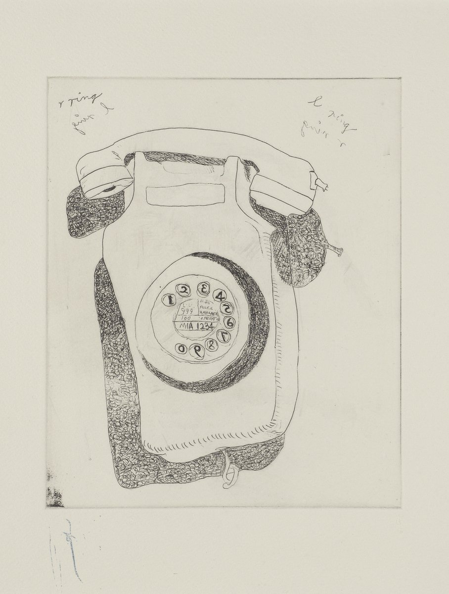 The practice of drawing was a fundamental daily activity for Flanagan. In 'Telephone' (1972) the slightly molten form recalls the organic shapes of his sand-filled hessian sculptures. See 'Telephone' and other etchings in at Ruthin Craft Centre, 25th June - 31st August.