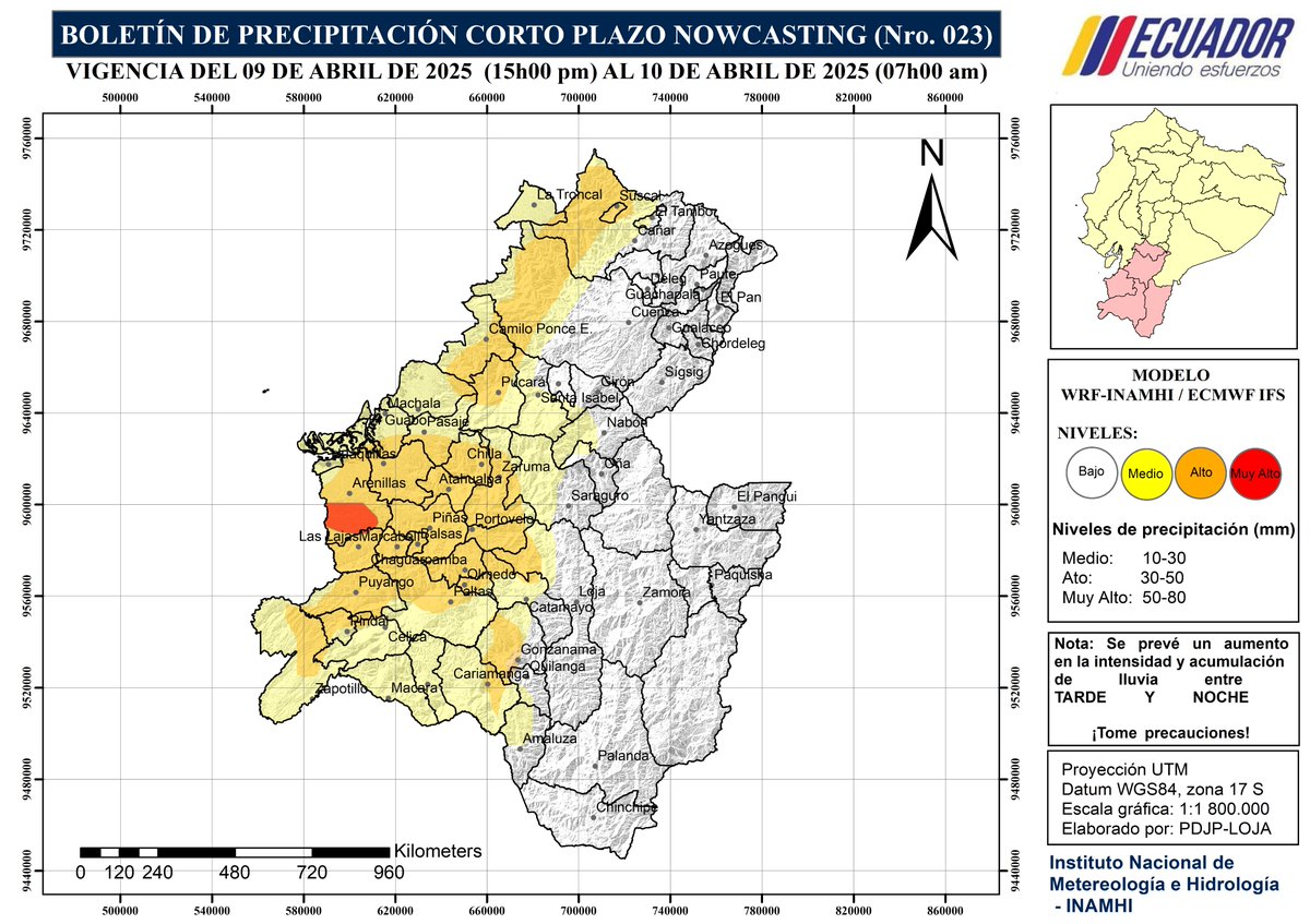 Boletín alerta Corto Plazo Nowcasting Nro. 23 Zona Sur de Ecuador (proximas horas)

📍 Regiones: #Loja, #ElOro, #ZamoraChinchipe, #Cañar, #Azuay.

⚠  ¡Lluvias y Tormentas presentes, Toma precauciones!  (Mas información a continuación 👇)
SAT ACTIVO # 21🌧️⛈️ <a href="/Riesgos_Ec/">Riesgos Ecuador</a> <a href="/ECU911_/">ECU 911</a>