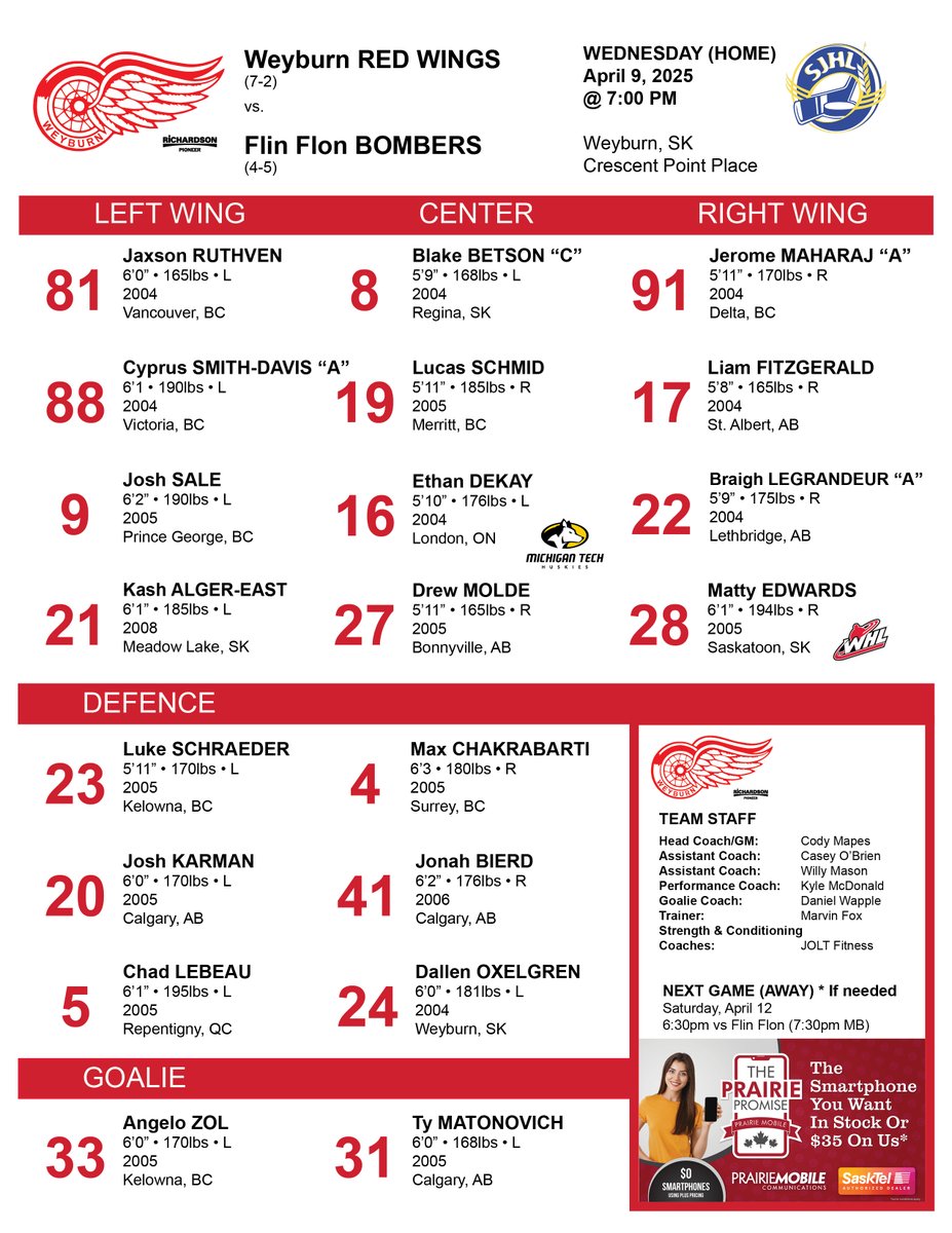 weyburnredwings's tweet photo. 🏒 Tonight's Lineup for GAME FOUR of the Semi Finals brought to you by @PrairieMobile!
#WeyburnRedWings #SJHL #GameFour #GameDay #Playoffs https://t.co/DfFuOUL8vu