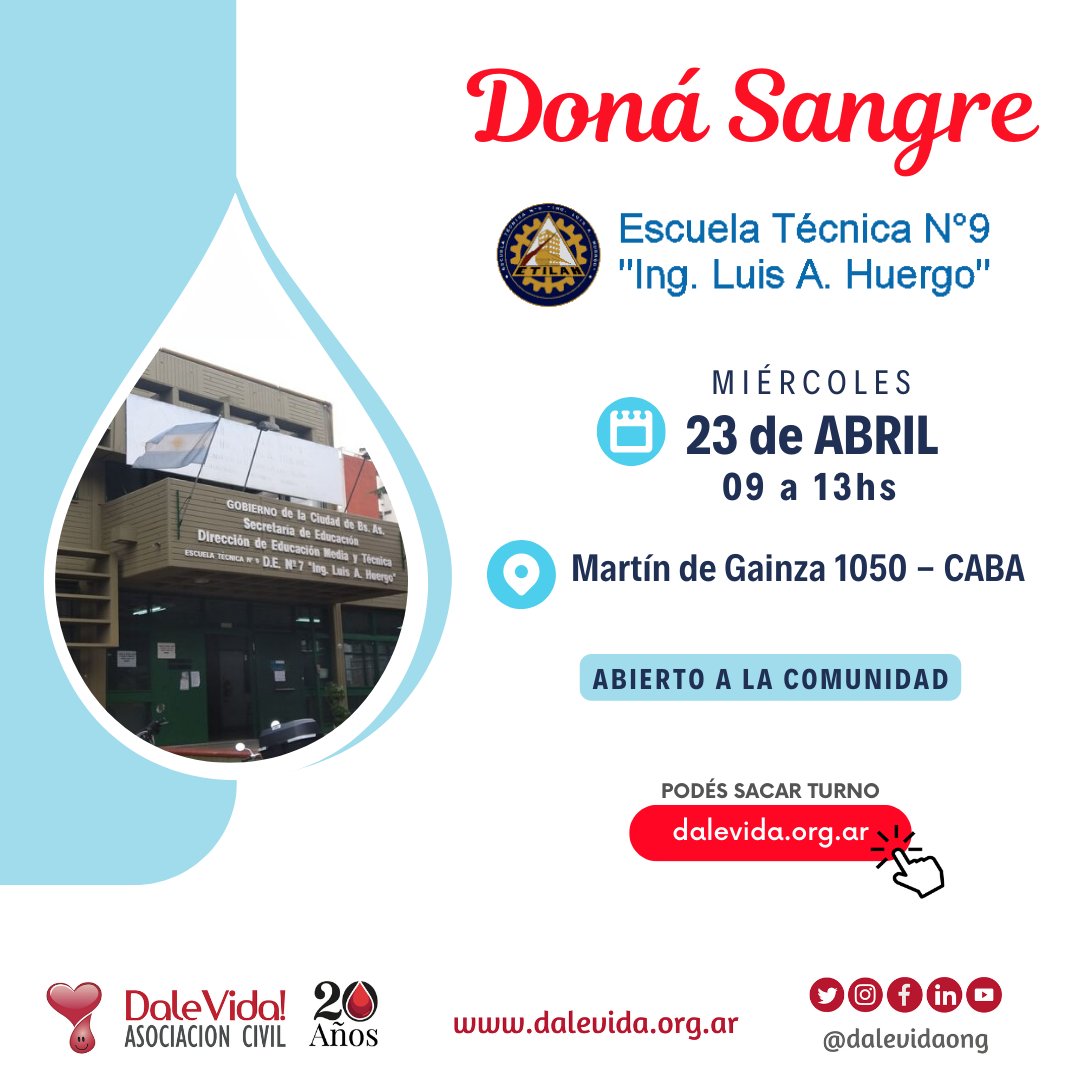 📅 MIÉRCOLES 23 de ABRIL de 09 a 13hs
🩸  ESCUELA TÉCNICA Nº 9 - Ingeniero Huergo  | Martín de Gainza 1050 - CABA <a href="/et9huergoeduar/">Ing. Luis A. Huergo</a>
Podés sacar tu turno 👉 dalevida.org.ar

TU GOTA SUMA ❤️