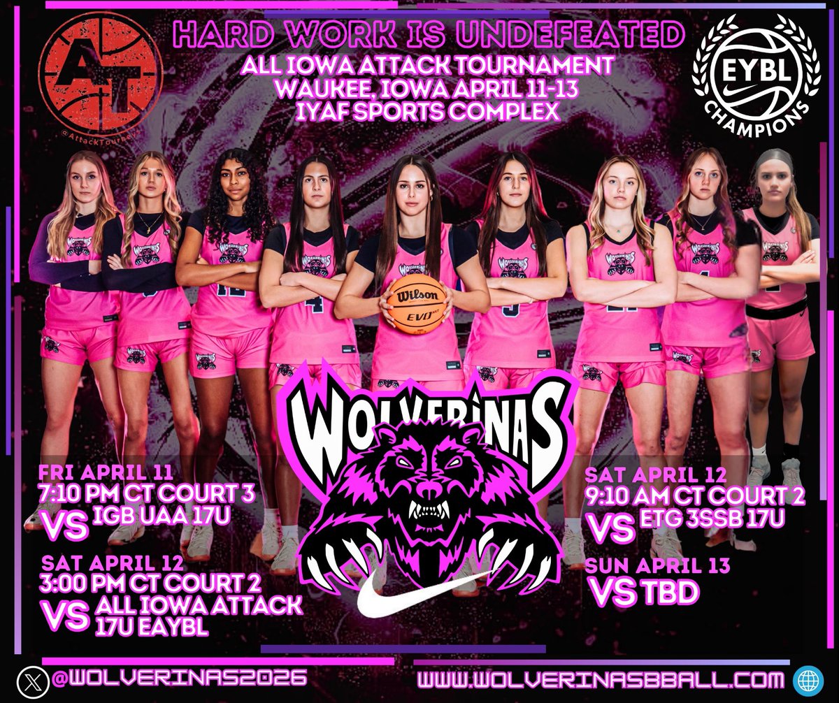 Wolverinas Basketball U17 (@wolverinas2026) on Twitter photo The ๐ญ๐ณ๐จ ๐ช๐ผ๐น๐๐ฒ๐ฟ๐ถ๐ป๐ฎ๐ are back at it this weekend @ ๐ผ๐ก๐ก ๐๐ค๐ฌ๐ ๐ผ๐ฉ๐ง๐๐๐ ๐พ๐ก๐๐จ๐ ๐ค๐ฃ ๐ฉ๐๐ ๐พ๐ค๐ช๐ง๐ฉ๐จ at the IYAF Waukee, IA! They're a must see ๐๐
๐บStream will be sent the day of <a href="/NikeGirlsEYBL/">Nike Girls EYBL</a> <a href="/nikegirlseycl/">Nike Girls EYBL Champions League</a>
<a href="/PrepGirlsHoops/">Prep Girls Hoops ๐</a> <a href="/PGHIowa/">Prep Girls Hoops Iowa</a>
<a href="/AttackTourneys/">Attack Tournaments</a> The ๐ญ๐ณ๐จ ๐ช๐ผ๐น๐๐ฒ๐ฟ๐ถ๐ป๐ฎ๐ are back at it this weekend @ ๐ผ๐ก๐ก ๐๐ค๐ฌ๐ ๐ผ๐ฉ๐ง๐๐๐ ๐พ๐ก๐๐จ๐ ๐ค๐ฃ ๐ฉ๐๐ ๐พ๐ค๐ช๐ง๐ฉ๐จ at the IYAF Waukee, IA! They're a must see ๐๐
๐บStream will be sent the day of <a href="/NikeGirlsEYBL/">Nike Girls EYBL</a> <a href="/nikegirlseycl/">Nike Girls EYBL Champions League</a>
<a href="/PrepGirlsHoops/">Prep Girls Hoops ๐</a> <a href="/PGHIowa/">Prep Girls Hoops Iowa</a>
<a href="/AttackTourneys/">Attack Tournaments</a>