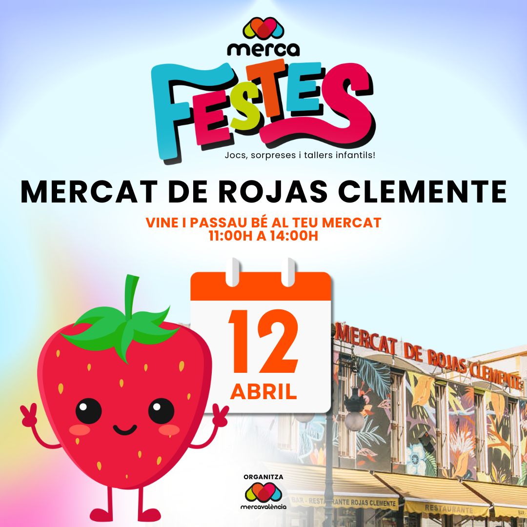 🍓 Dissabte tornen les #Mercafestes amb la maduixa com a protagonista! 

La festa dels #MercatsVLC, se celebra este mes d'abril al 📍Mercat de Rojas Clemente. 

 👨‍👧‍👧Vine a disfrutar d'activitats per a tota la família: jocs, tallers, photocall i molt més!

⏰ D'11 a 14 hores