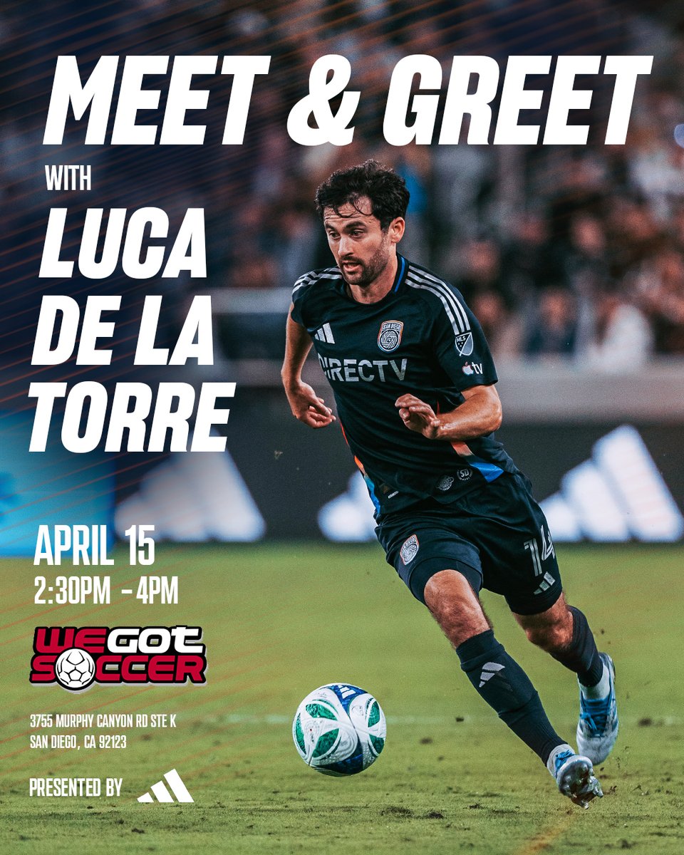 San Diego FC (@sandiegofc) on Twitter photo ‼️ LDLT Meet & Greet ‼️
Come and meet San Diego's own, 𝗟𝘂𝗰𝗮 𝗱𝗲 𝗹𝗮 𝗧𝗼𝗿𝗿𝗲, on April 15 at 𝗪𝗲𝗚𝗼𝘁𝗦𝗼𝗰𝗰𝗲𝗿, presented by <a href="/adidasfootball/">adidas Football</a>!
Fans will be able to get pics and participate in a Q&A with Luca! ‼️ LDLT Meet & Greet ‼️
Come and meet San Diego's own, 𝗟𝘂𝗰𝗮 𝗱𝗲 𝗹𝗮 𝗧𝗼𝗿𝗿𝗲, on April 15 at 𝗪𝗲𝗚𝗼𝘁𝗦𝗼𝗰𝗰𝗲𝗿, presented by <a href="/adidasfootball/">adidas Football</a>!
Fans will be able to get pics and participate in a Q&A with Luca!