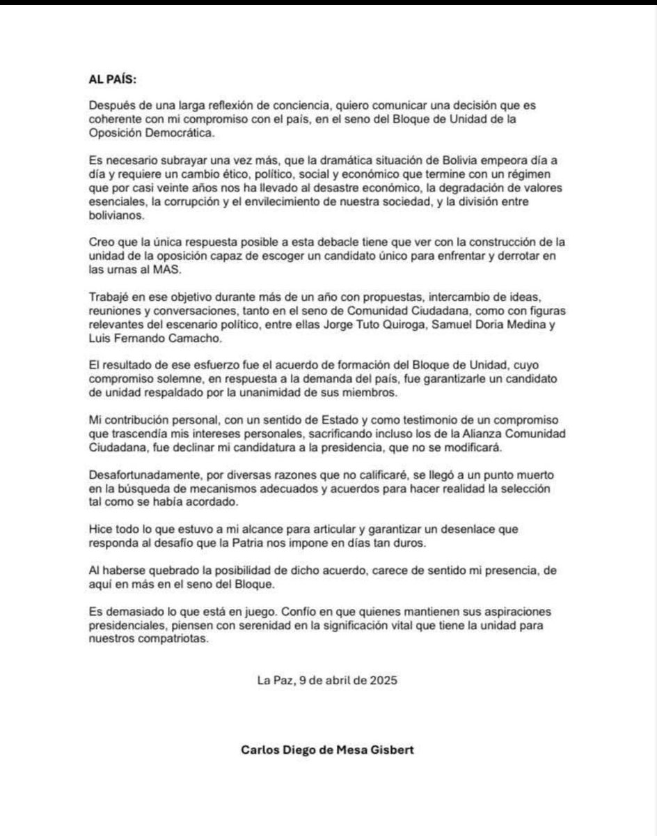 Carlos Mesa, en lo que es con probabilidad su última renuncia, le dio la extrema unción al autodenominado "Bloque de Unidad". Lo anticipé en una columna en El Deber el pasado domingo: esa unidad la plantearon de forma inviable y fracasó. ¿Fue insinceridad? eldeber.com.bo/opinion/repara…