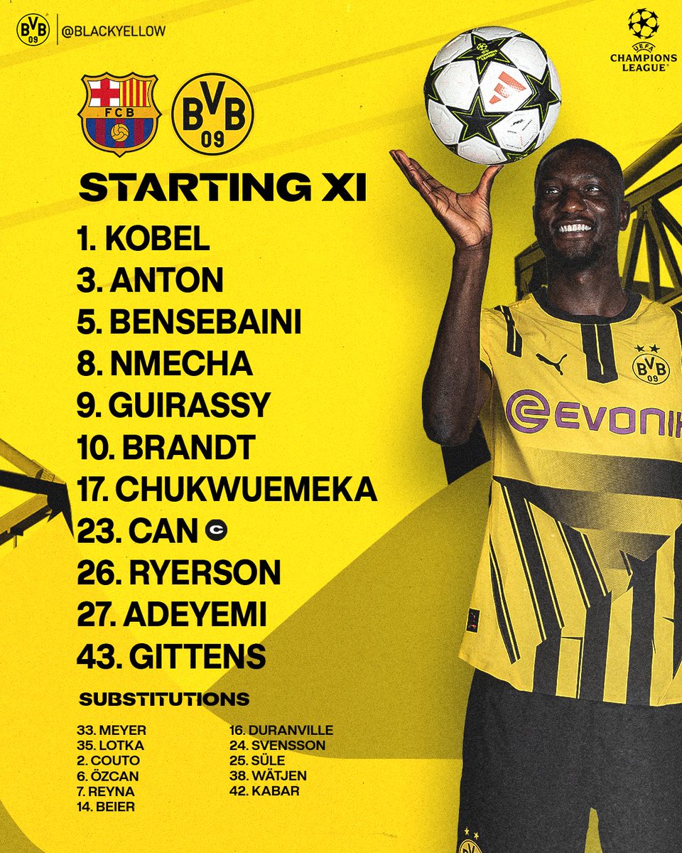 BlackYellow's tweet photo. 🚨 STARTING XI VS BARCELONA 🚨 https://t.co/mfeGWmfK4k