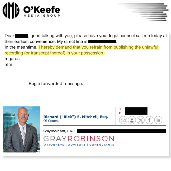 JamesOKeefeIII's tweet photo. CEASE AND DESIST LETTER SENT TO O'KEEFE IN FLORIDA:

A Florida University President has sent me a CEASE AND DESIST LETTER to stop OMG from publishing a covert recording of the University President being duplicitous, in a conference room, while talking to staff and professors.

We stand by our reporting, do not respond to threats, and we publish at 5 PM.