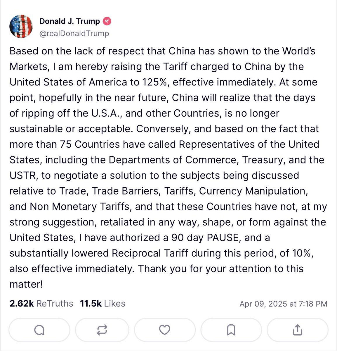 FortuneKeepers_'s tweet photo. 🇺🇸 #TRUMP annonce une pause de 90 jours, avec un droit de douane réciproque de 10%, ainsi qu’une augmentation à 125% sur les importations chinoises.

Le bottom est probablement en place sur le $BTC pour le moment. D’autres choses arrivent, je vous tiens informés📈 https://t.co/wgC9DinNSg