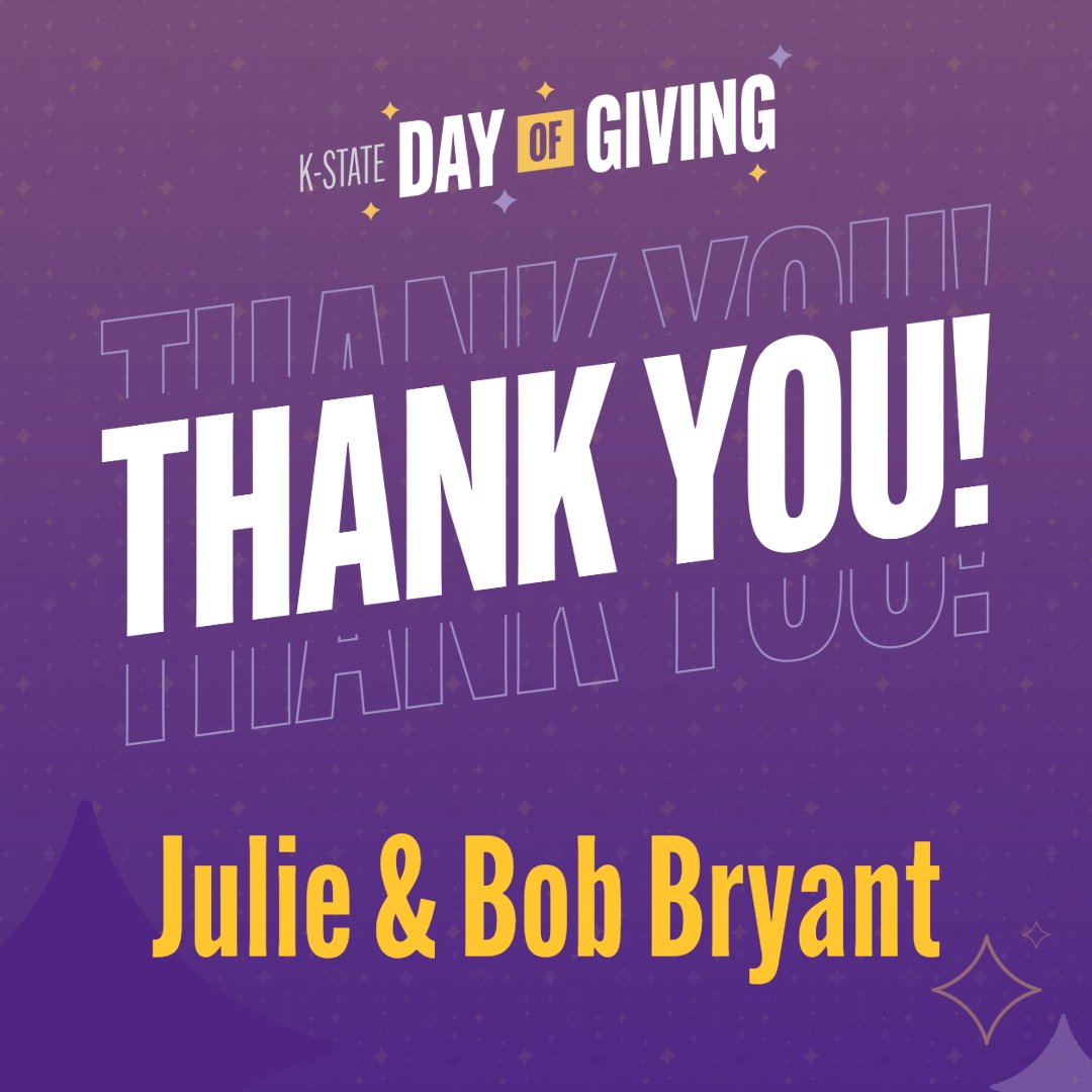 A generous #KStateDayofGiving gift from Julie Bryant '88 and Bob Bryant will benefit K-State College of Business Administration students for years to come. Thank you, for your generosity! ksuf.org/42n8Flo