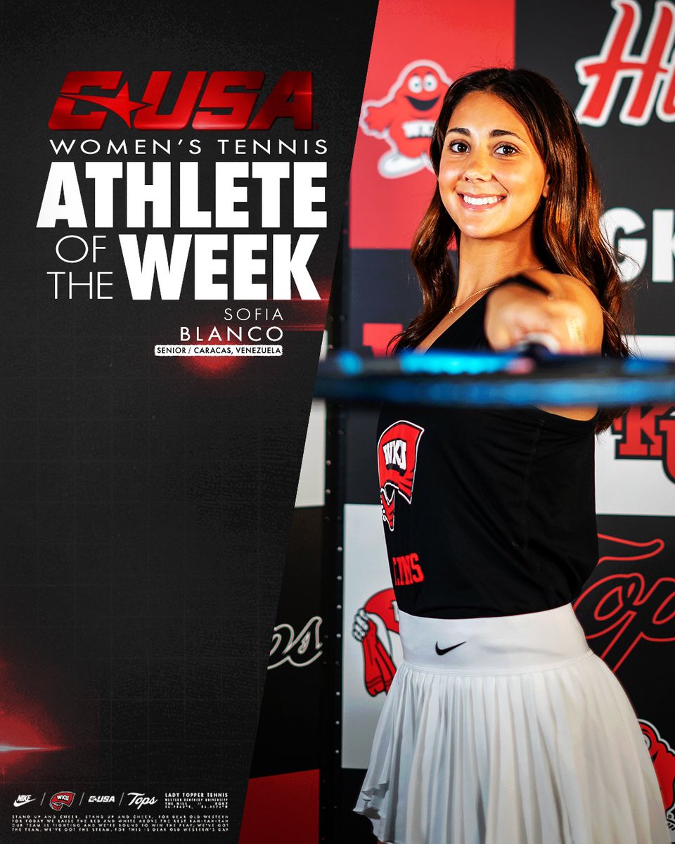 WKUTennis's tweet photo. 🏅 𝗖𝗨𝗦𝗔 𝗔𝘁𝗵𝗹𝗲𝘁𝗲 𝗼𝗳 𝘁𝗵𝗲 𝗪𝗲𝗲𝗸 🏅

Congratulations to Sofia Blanco for being named the @ConferenceUSA Women’s Tennis Athlete of the Week!

📲 https://t.co/HdIMQM2h0B

#GoTops https://t.co/8pE7Q9MPD3