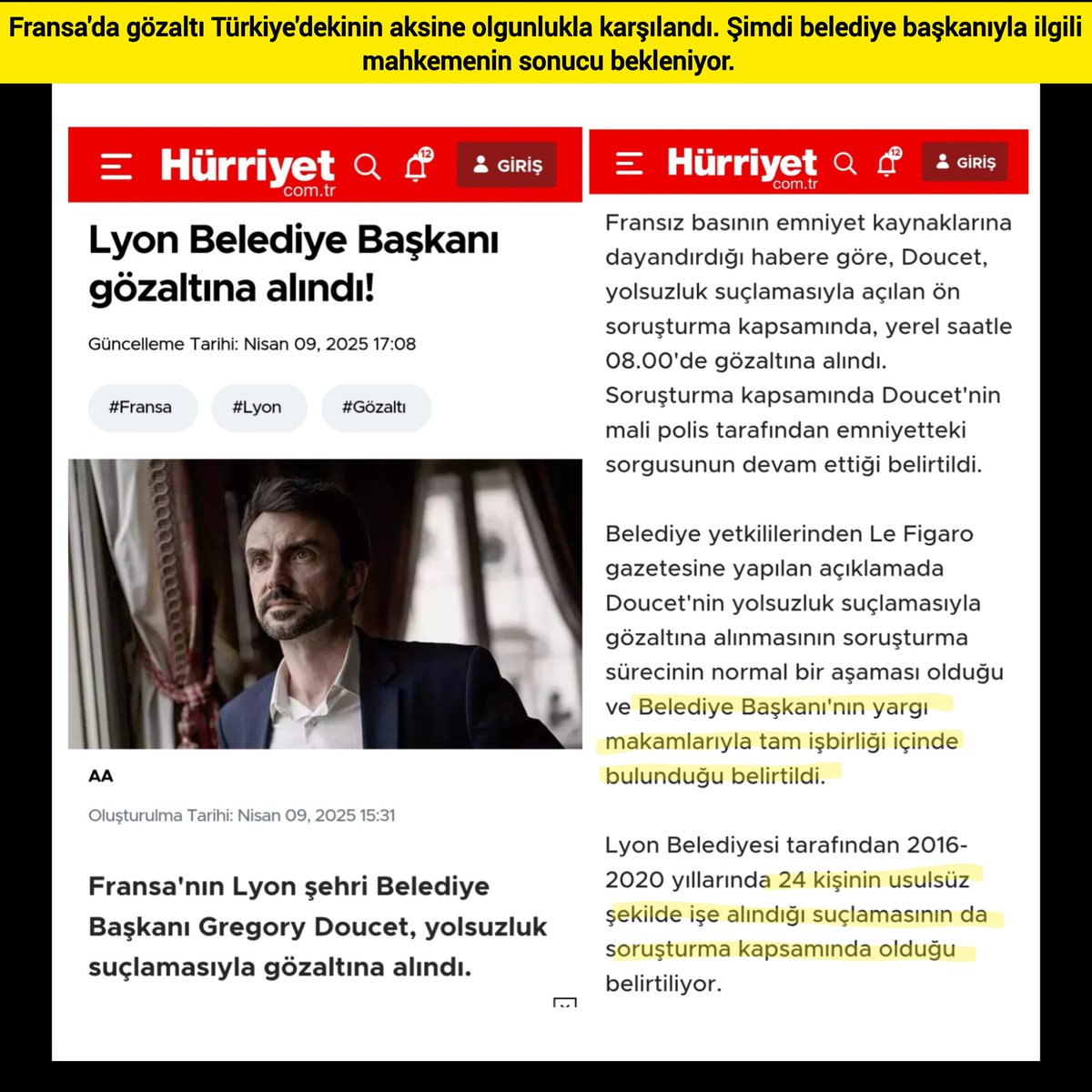 #Lyon Belediye Başkanı, #yolsuzluk ve işe alımlarda usulsüzlük yaptığı iddiasıyla gözaltına alındı;

⭕️Fakat;
🔷️Fransa'da üniversiteliler sokakları ateşe vermedi.

🔷️Parti başkanları insanları eylemlere çağırıp ekonomiyi batırmak için yerli ürünleri boykot ettirmedi.