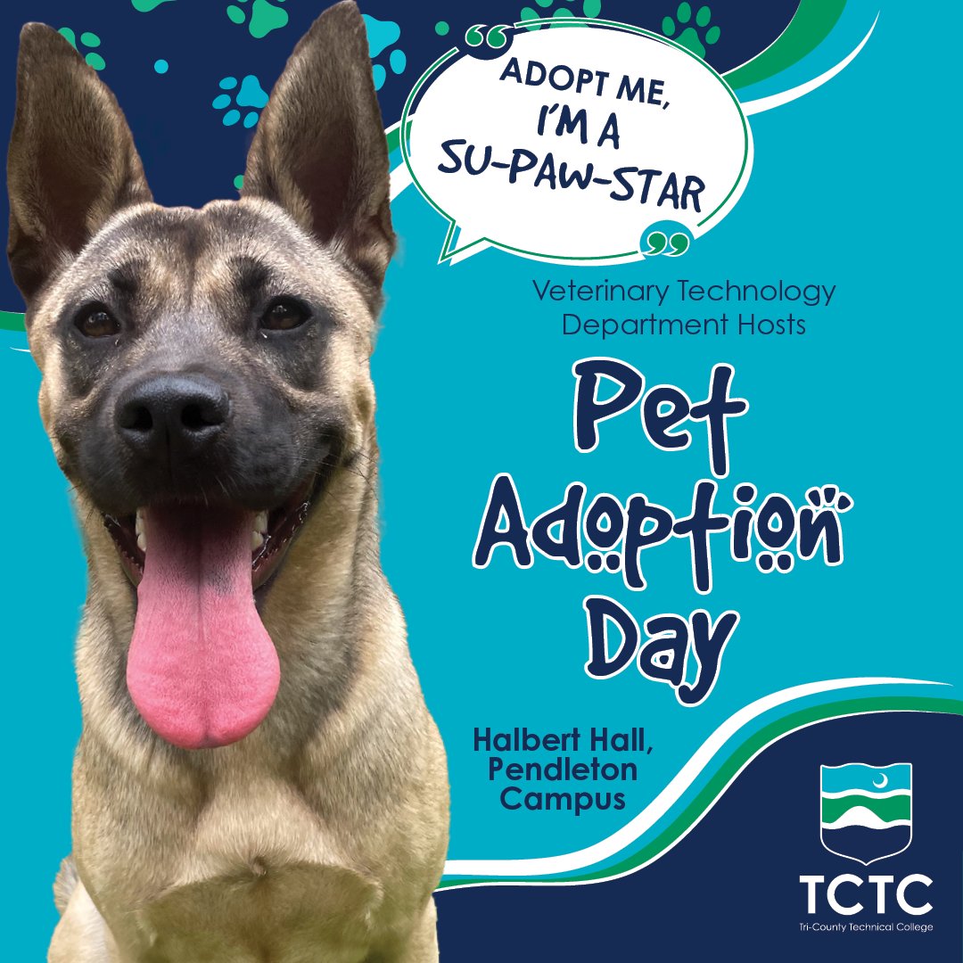 🐶 Are you looking for your next FUR-ever friend?! 🐱 Join Vet Tech next week for their Pet Adoption Day!

📆 Wednesday, April 16
⏰ 4 - 6 p.m.
📍 Pendleton Campus, Halbert Hall

#TCTCEdu