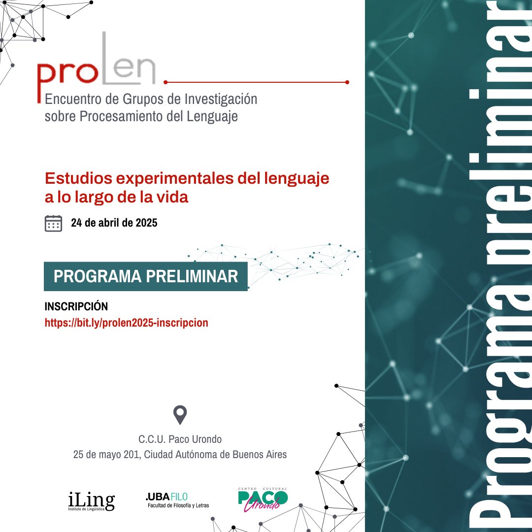 ILinguistica's tweet photo. 📢 Se encuentra disponible el programa preliminar del Encuentro de Grupos de Investigación sobre Procesamiento del Lenguaje (PROLEN 2025)
🔗 Información disponible en: https://t.co/CebcFzG6fz
#linguistica #iling #prolen #prolen2025 #estudiosdellenguaje #ciencia #investigacion https://t.co/lp3CIxdRnI