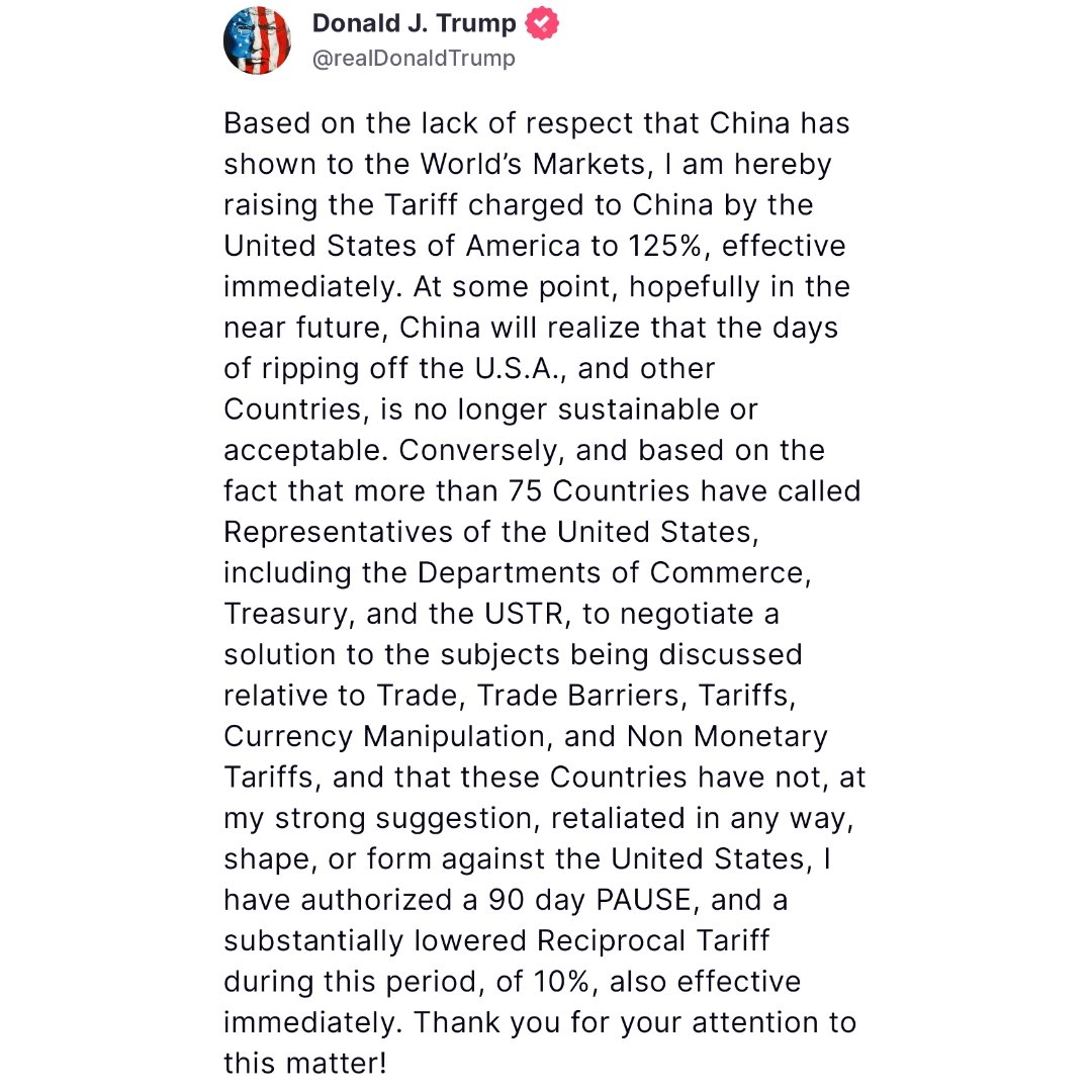 MarkCarney_Ego's tweet image. President Trump has just announced a 90 day pause on tariffs, for countries that do not retaliate.

Which means, I could negotiate and make things less painful for Canadians.

But I won't. I'm not interested in helping Canadians.

I just want to get elected.