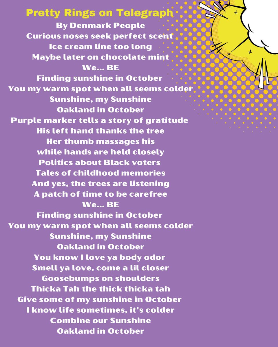 APTPaction's tweet image. Day 7 of our poem series

“Pretty Rings on Telegraph” by Denmark People is a love letter to Oakland, Black joy, and finding warmth when the world turns cold.

“We... BE.”

#APTP #PoetryAsResistance #OaklandInOctober #PrettyRingsOnTelegraph #Day7
