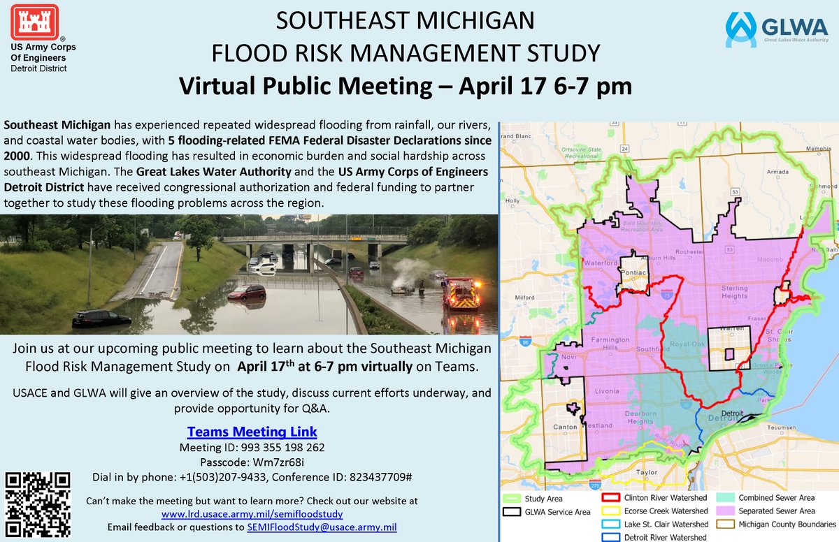 Great Lakes Water Authority (@glwatermi) on Twitter photo The <a href="/detroitdistrict/">Detroit District</a> is hosting a virtual update meeting regarding the Southeast Michigan Flood Study on April 17 from 6-7pm!
Join us to learn more about the study!
To join the meeting and learn more about the project, visit bit.ly/3GgPdPC The <a href="/detroitdistrict/">Detroit District</a> is hosting a virtual update meeting regarding the Southeast Michigan Flood Study on April 17 from 6-7pm!
Join us to learn more about the study!
To join the meeting and learn more about the project, visit bit.ly/3GgPdPC