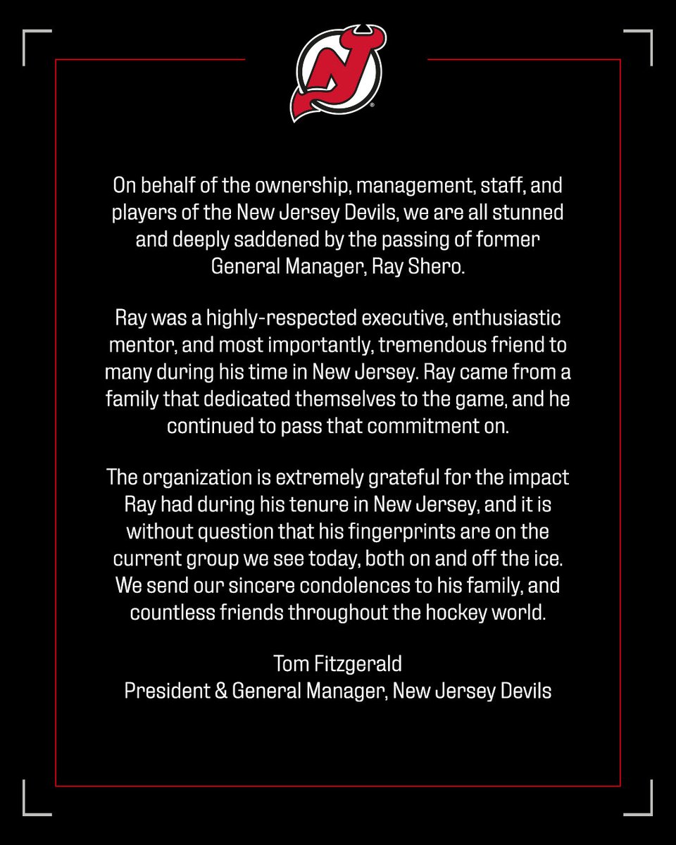 NJDevils's tweet photo. The New Jersey Devils organization mourns the passing of Ray Shero. https://t.co/oklizOMh5W