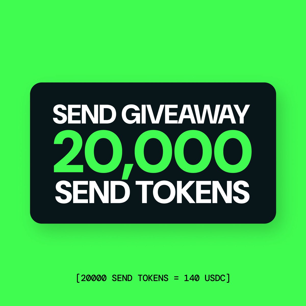 Send's tweet image. Markets are red, but Send is always green, mfers. 

We&apos;re picking one lucky winner to give 20,000 SEND tokens.

To enter:
- Follow @Send on Twitter 
- Like &amp;amp; repost this tweet
- Drop your wallet address in the comments (bonus points if you drop your Sendtag)

Winner will be…