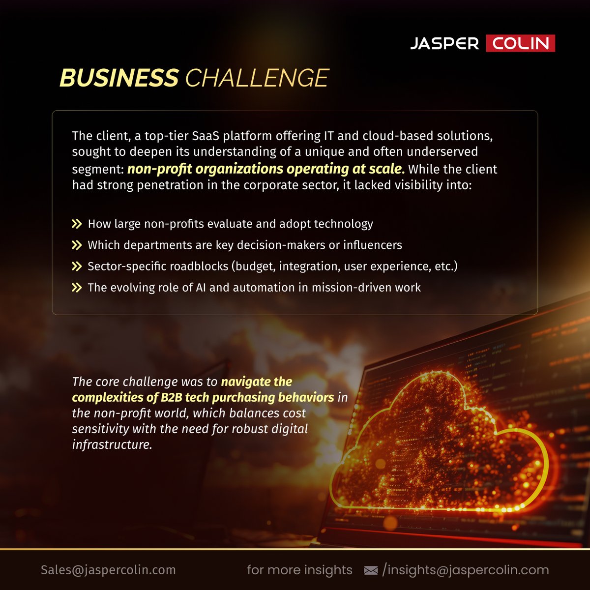 jaspercolin_res's tweet photo. In our latest B2B study, Jasper Colin partnered with a leading SaaS  provider to decode the tech adoption behavior of large non-profit  organizations. The findings? Eye-opening.

#JasperColin #DatatoDecision #B2BResearch #DigitalTransformation #CloudTechnology #AI #B2BInsights https://t.co/sUZ17vp0Um