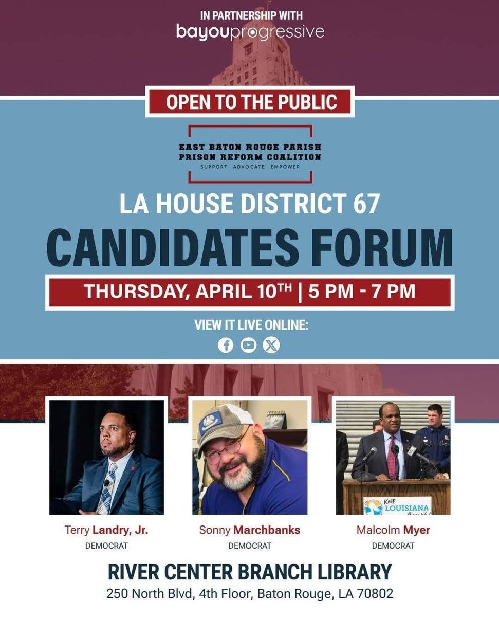 LAKidsRights's tweet image. Hey #BatonRouge, tomorrow head over to the River Center Branch Library to hear from your LA House District 67 candidates directly!