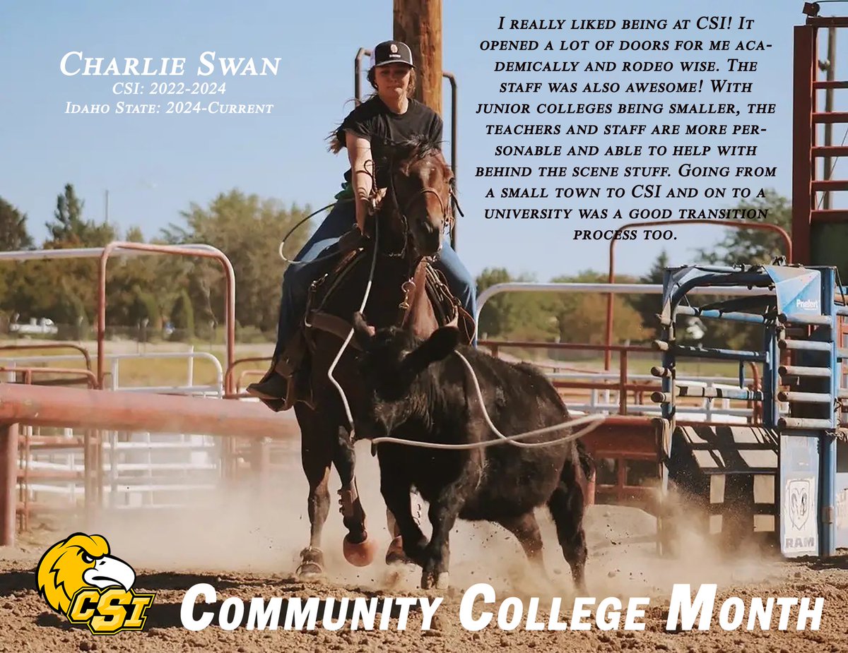 CSIAthletics1's tweet image. In this edition of Community College Month, Charlie Swan, a former CSI Rodeo athlete, touches on CSI being a great stepping stone to not only kick off her collegiate rodeo career, but to set her up for the next steps in her academic career as well.🦅