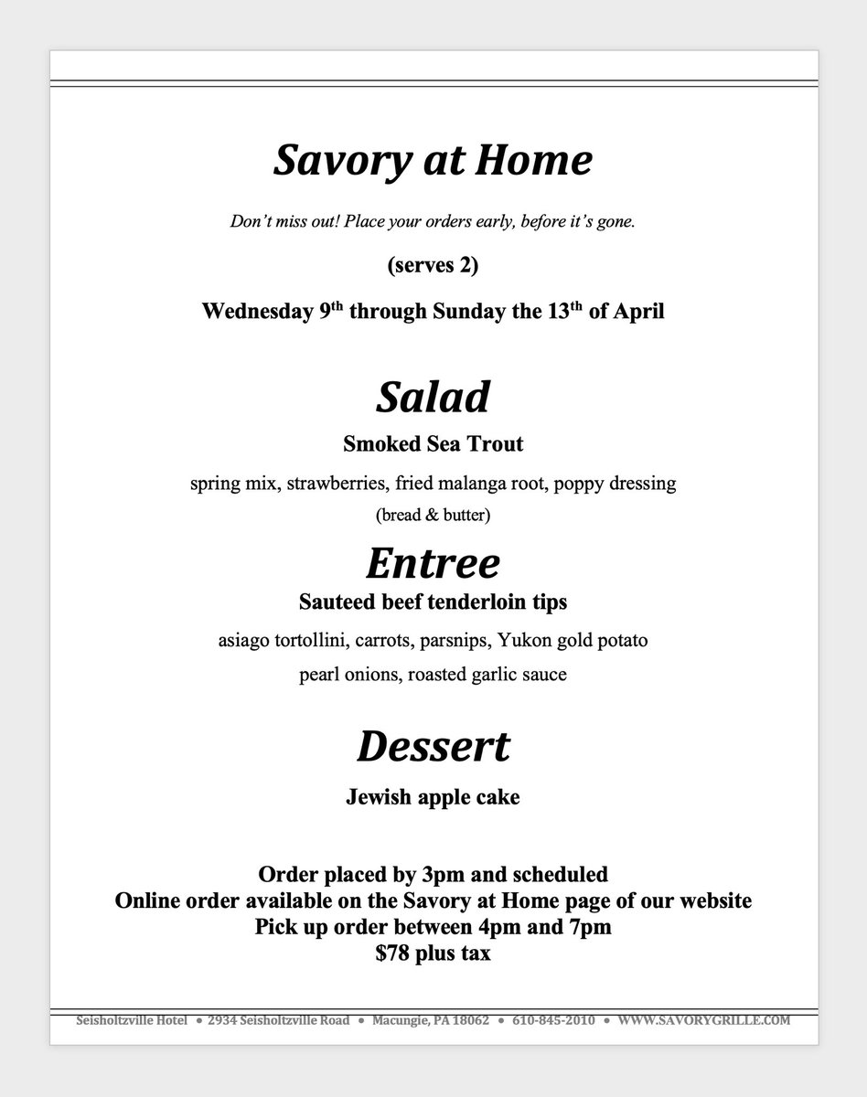 Savory at Home - Wednesday the 9th through Sunday the 13th of April 

savorygrille.com/savoryathome/
#savoryathome #savorygrille #savorygrillepa #lehighvalleypa #lehighvalley #scratchkitchen