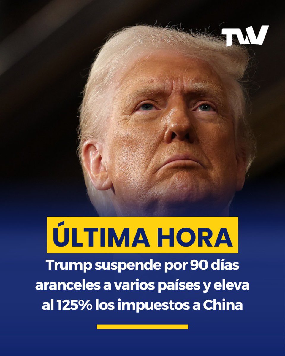 TVVnoticias's tweet photo. ÚLTIMA HORA 🚨 | Trump suspende por 90 días los aranceles ‘recíprocos’ a decenas de países y aumenta al 125% los impuestos a las importaciones chinas.
Noticia en desarrollo.
#tvvnoticias #tvvnetwork https://t.co/Lka2je1wxJ