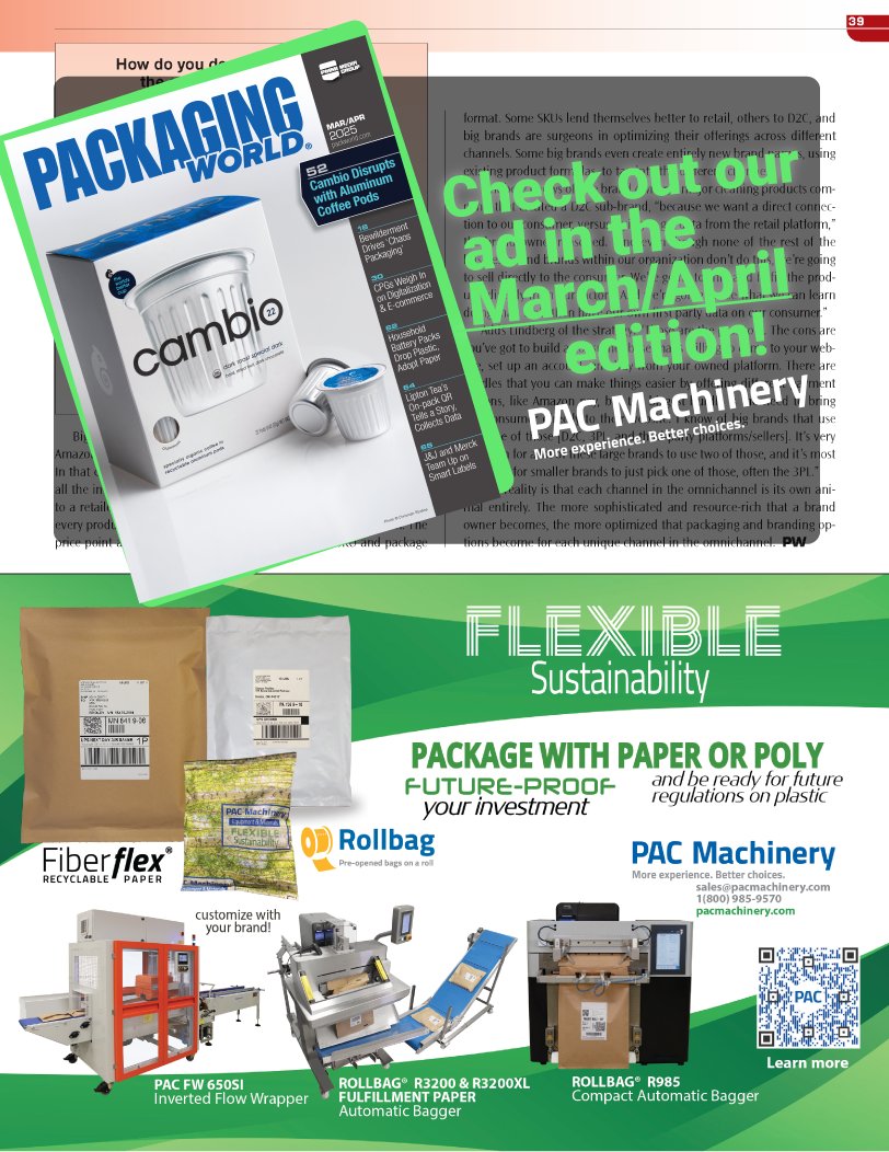 Pac_Machinery's tweet photo. Check out our ad in @packagingworld  P.39 featuring our Flexible Sustainability equipment. #Packaging with Curbside Recyclable Paper &amp; #recycled Poly  = #sustainablepackaging  for #Flowwrap &amp; #autobagger   PRODUCTS: https://t.co/dSrFACffOs
MAGAZINE: https://t.co/ECZ8I3Wcrv https://t.co/afoj0apxMi