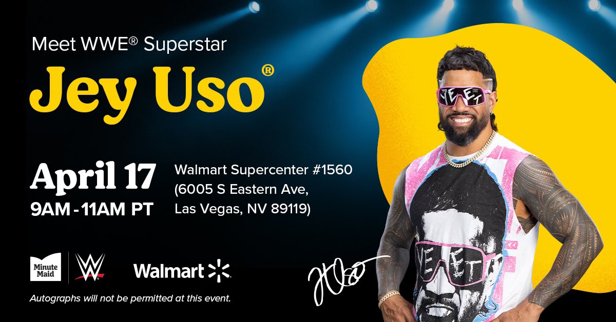 WWEUsos's tweet photo. It’s Main Event time in Vegas! Come meet me at #Walmart on 4/17. YEET! https://t.co/L6bs0BeF4D