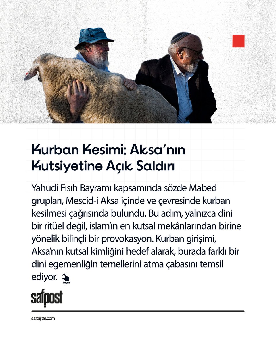 Safdijitalcom's tweet photo. 📌Mescid-i Aksa’nın avlusunda kurban kesmek, sadece bir provokasyon değil; daha büyük bir planın parçası…
Aşırı gruplar, Kudüs’teki statükoyu yıkmak ve Harem-i Şerif’i bölmek için adım adım ilerliyor.
Aksa’da nöbet tutanlar sadece bir mescidi değil, ümmetin onurunu da savunuyor. https://t.co/WQrO2v4skn