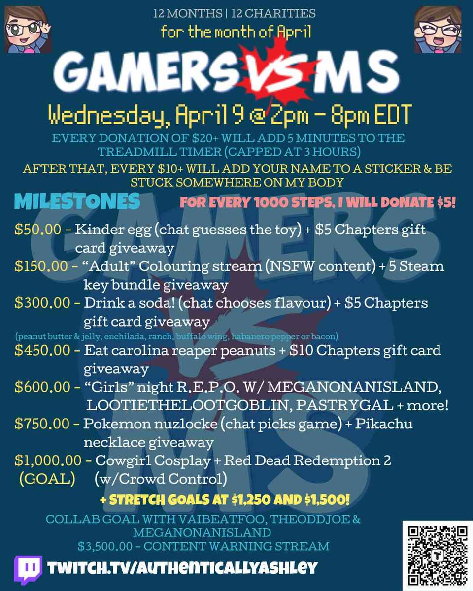 AuthenticallyAshley (@authenticashttv) on Twitter photo LIVE NOW for <a href="/GamersvsMS/">Gamers vs MS ➡️ Now on Bluesky</a>!
I'll be going for the next 6 hours, raising money on behalf of <a href="/MSCanOfficial/">MS Canada</a>.
A $20 donation via <a href="/tiltify/">Tiltify</a> at tilt.fyi/jGyOJ6WItg will keep me walking; for every 1000 steps I hit, I'll donate $5.
It's sure to be a grand time!
twitch.tv/authenticallya… LIVE NOW for <a href="/GamersvsMS/">Gamers vs MS ➡️ Now on Bluesky</a>!
I'll be going for the next 6 hours, raising money on behalf of <a href="/MSCanOfficial/">MS Canada</a>.
A $20 donation via <a href="/tiltify/">Tiltify</a> at tilt.fyi/jGyOJ6WItg will keep me walking; for every 1000 steps I hit, I'll donate $5.
It's sure to be a grand time!
twitch.tv/authenticallya…