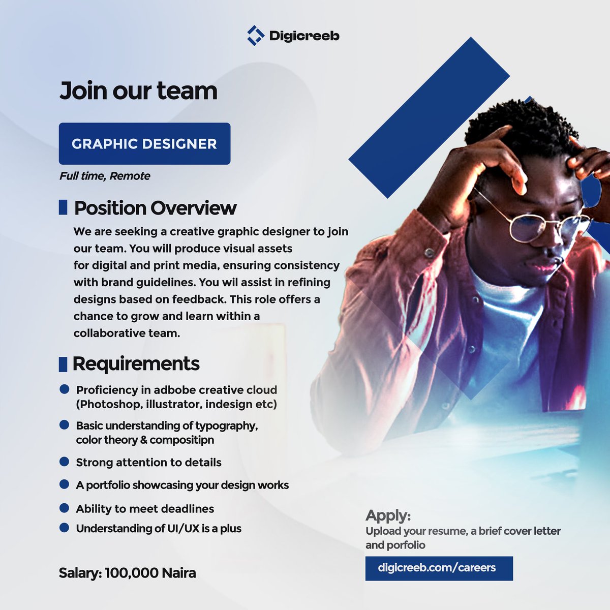 digicreeb's tweet photo. We’re Hiring — Fully Remote Positions!

Join our team. If you meet the requirements and qualifications please apply via our website link  below.

https://t.co/Yci6wgrbYk

Open Roles:

Graphic Designer
Laravel Developer
Project Manager

#NowHiring #RemoteJobs #Hiring #JobOpening https://t.co/82FKEHeweQ