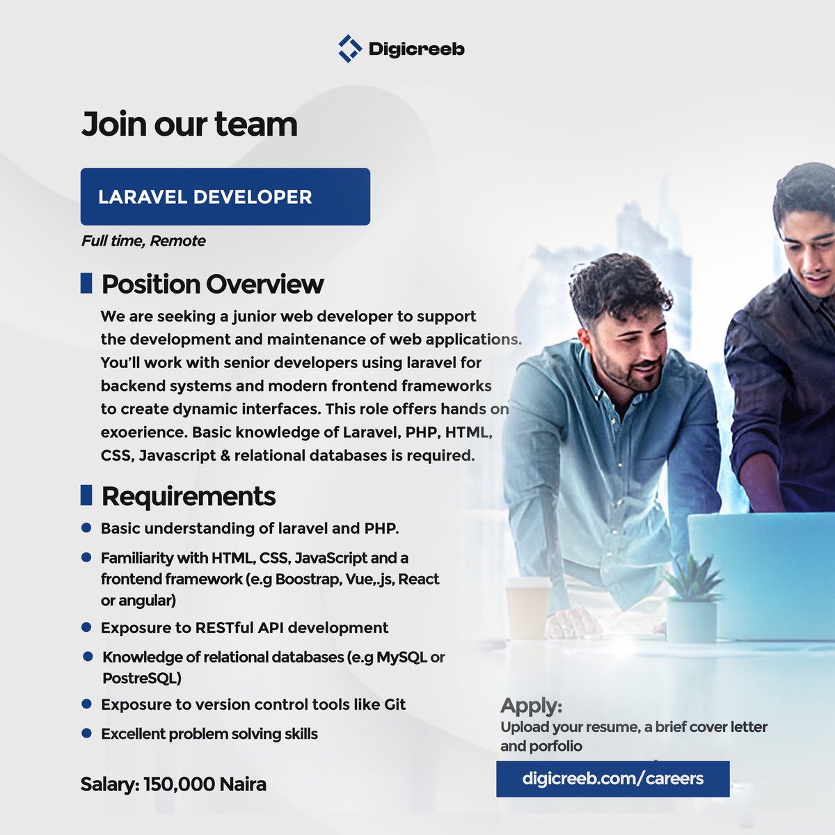 digicreeb's tweet photo. We’re Hiring — Fully Remote Positions!

Join our team. If you meet the requirements and qualifications please apply via our website link  below.

https://t.co/Yci6wgrbYk

Open Roles:

Graphic Designer
Laravel Developer
Project Manager

#NowHiring #RemoteJobs #Hiring #JobOpening https://t.co/82FKEHeweQ