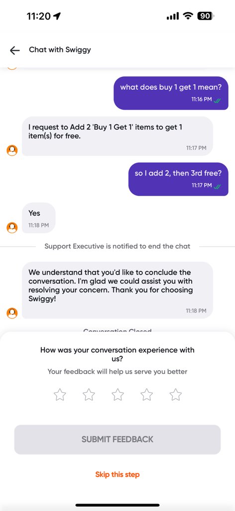 madhavpathak's tweet photo. @SwiggyCares I placed an order using the “Buy 1 get 1” offer. The restaurant only sent one item. Your support staff rejected my case saying that BOGO means “buy 2 get 3rd free”. See screenshot. Please resolve https://t.co/uFDEWLspcm