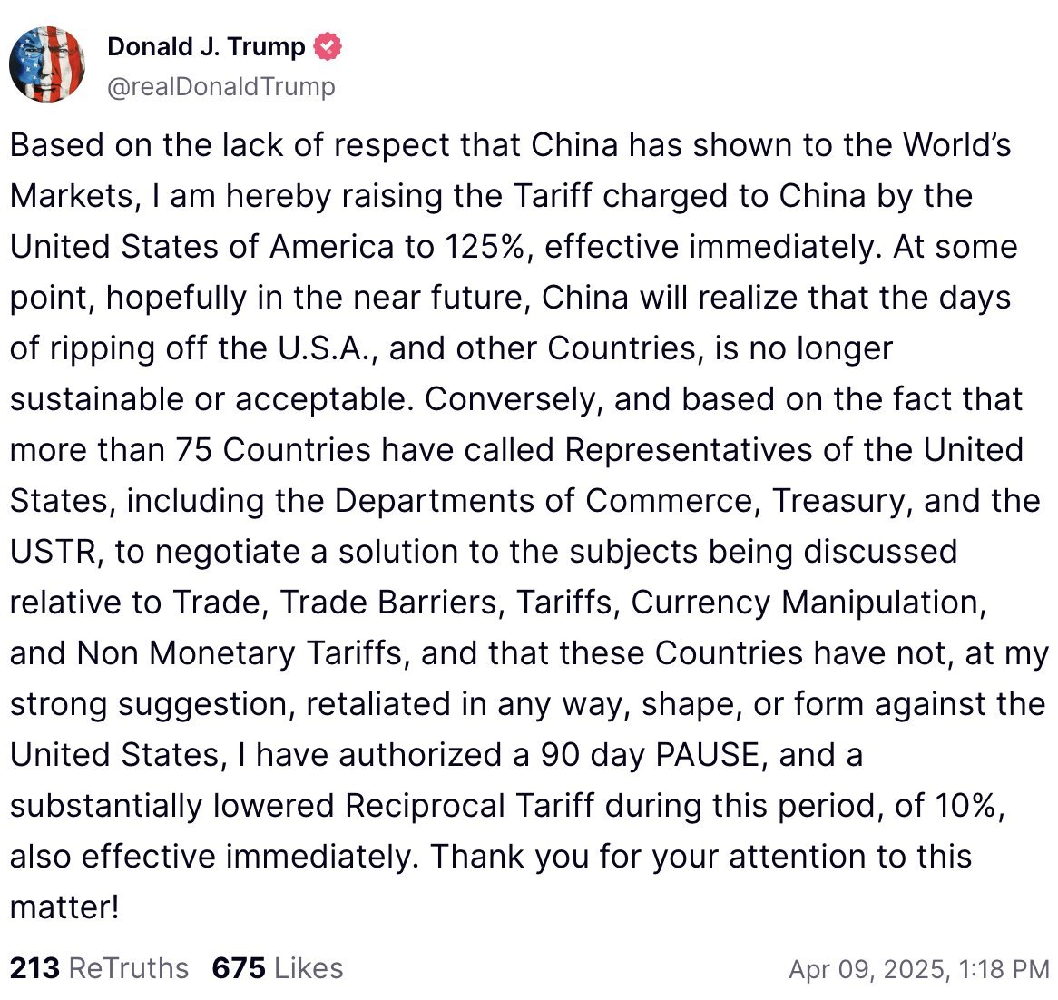Trump quita los aranceles (x 90 dias), sin embargo, MX sigue con 25% para las exportaciones fuera del TMEC, + 25% en autos y 25% en acero y aluminio. Si MX no logra quitar estos aranceles, estaremos PEOR que el resto del mundo, a pesar de ser el principal socio comercial de EEUU.