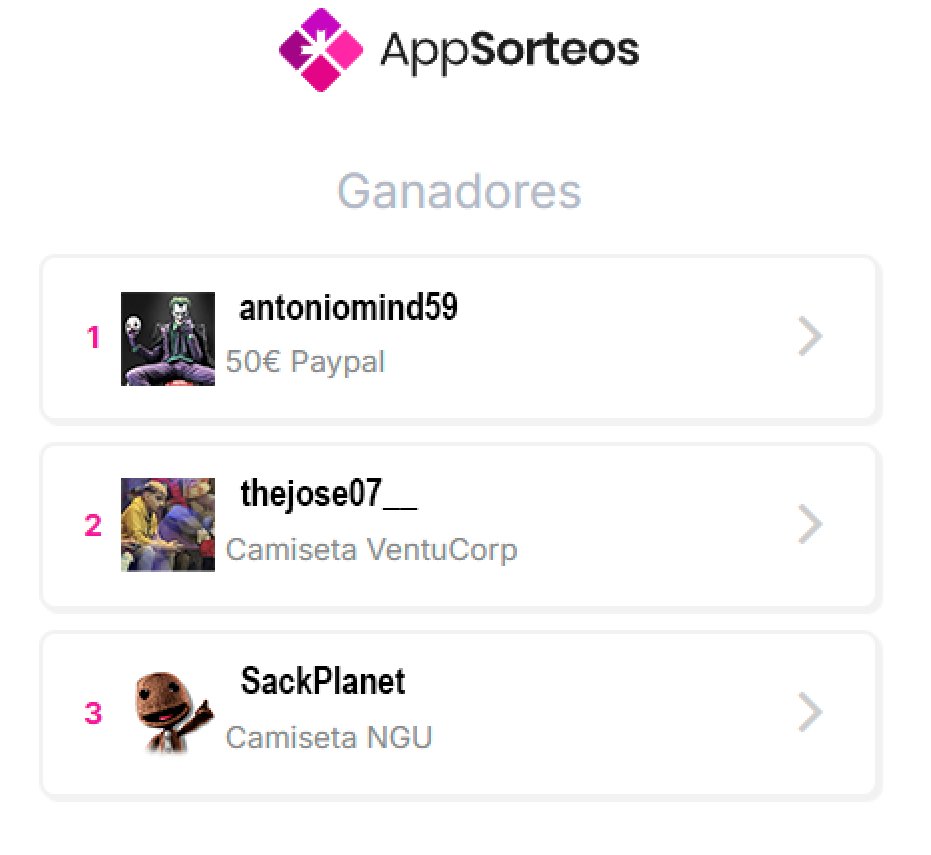 Enhorabuena a los ganadores del sorteo!!!

- <a href="/antoniomind59/">Antonio</a> 50€ Paypal
- <a href="/thejose07__/">THE JOSE</a> Camiseta VentuCorp
- <a href="/SackPlanet/">Sackboy</a> Camiseta NGU

Nos pondremos en contacto con vosotros por MD :D

x.com/ventucorp/stat…