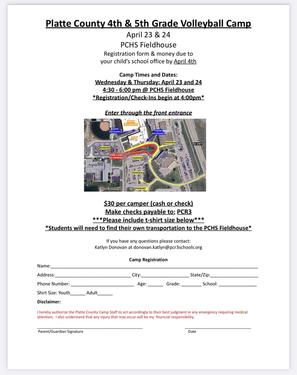 We are hosting a volleyball camp for current 4th and 5th graders on April 23 &amp; 24 at PCHS Pirate Fieldhouse. See flier for details! Can’t wait to see the future of PCVB!