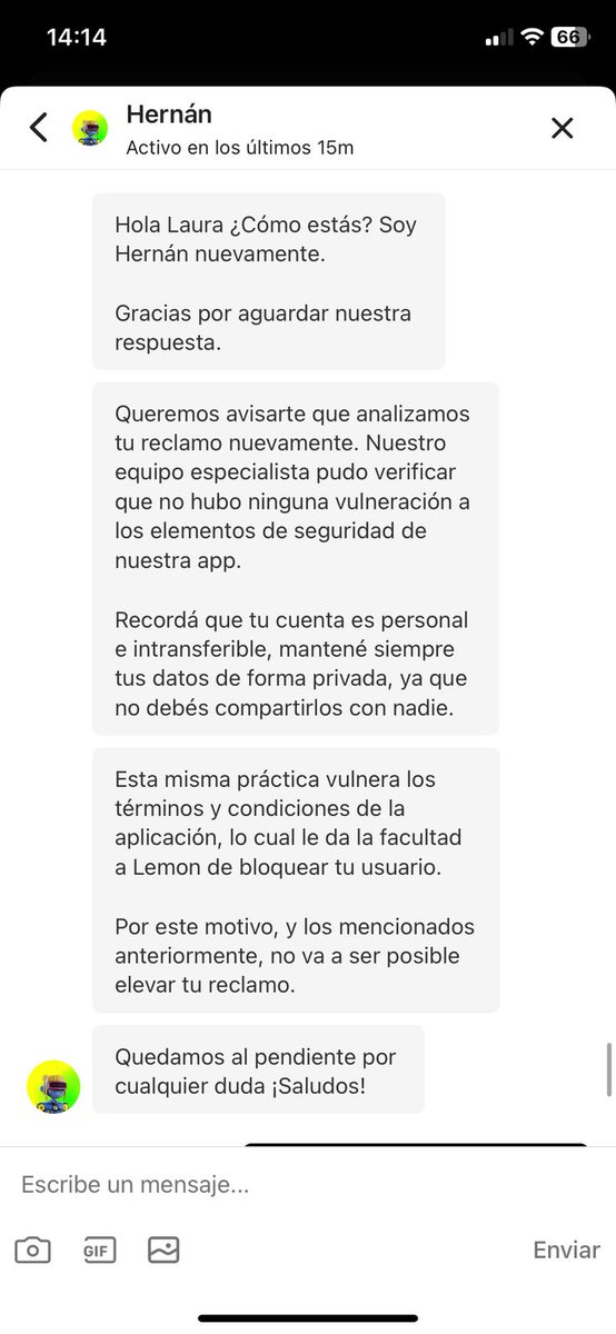 laurataboas_'s tweet photo. El 4/2 me robaron el celular y hackearon la cuenta de @lemonapp_ar. Transfirieron todo mi dinero a una cuenta desconocida. Hice el reclamo con DENUNCIA POLICIAL. Esperé dos meses y hoy, 9/4, me dicen que no se hacen cargo. Una vergüenza. https://t.co/wfVYOq5rgF
