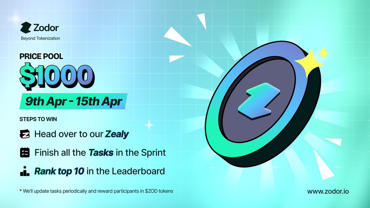 $ZOD Token is finally getting live on April 15th🔥 &amp; we're hosting a whopping $1000 worth of $ZOD Airdrop in a Zealy Sprint! 🏁

Join Now : zealy.io/cw/zodor/quest…

How to win🎉?
👀Check the Questboard Daily!
✅Finish all the tasks
🏆Rank in top 10 at the end of 15th!

#Zodor