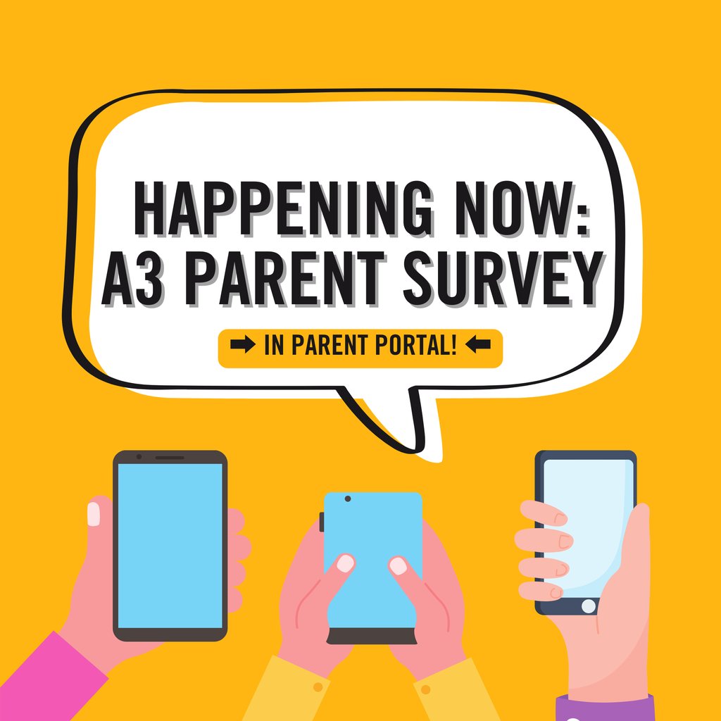 📣 The deadline for our annual Parent Survey FRIDAY, APRIL 11! This survey impacts our school report cards. 

🔗 You may access the survey on Parent Portal here: bit.ly/A3ParentPortal or on the Parent Portal App. 💛 

Please get in touch with us if you need assistance.