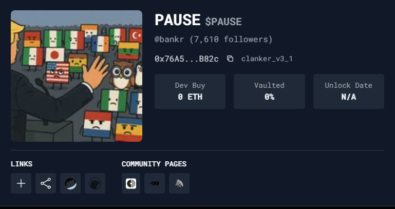 $PAUSE 

0x76A5D035A060Df1d6B91BE866E60AEd68DCbB82c