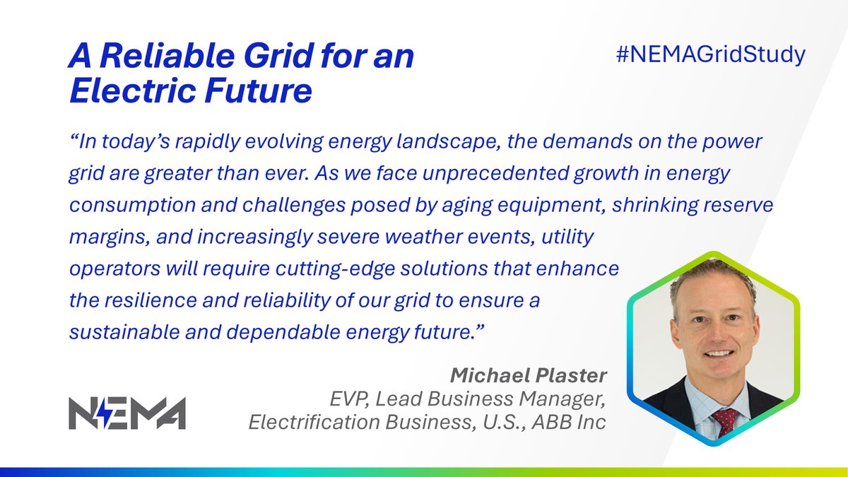 NEMA (@nemaupdates) on Twitter photo “The demands on the grid are greater than ever.” – Michael Plaster, <a href="/ABBNorthAmerica/">ABB North America</a>
NEMA members are delivering the tech that makes reliability real. Read how: makeitelectric.org/wp-content/upl… #NEMAGridStudy “The demands on the grid are greater than ever.” – Michael Plaster, <a href="/ABBNorthAmerica/">ABB North America</a>
NEMA members are delivering the tech that makes reliability real. Read how: makeitelectric.org/wp-content/upl… #NEMAGridStudy