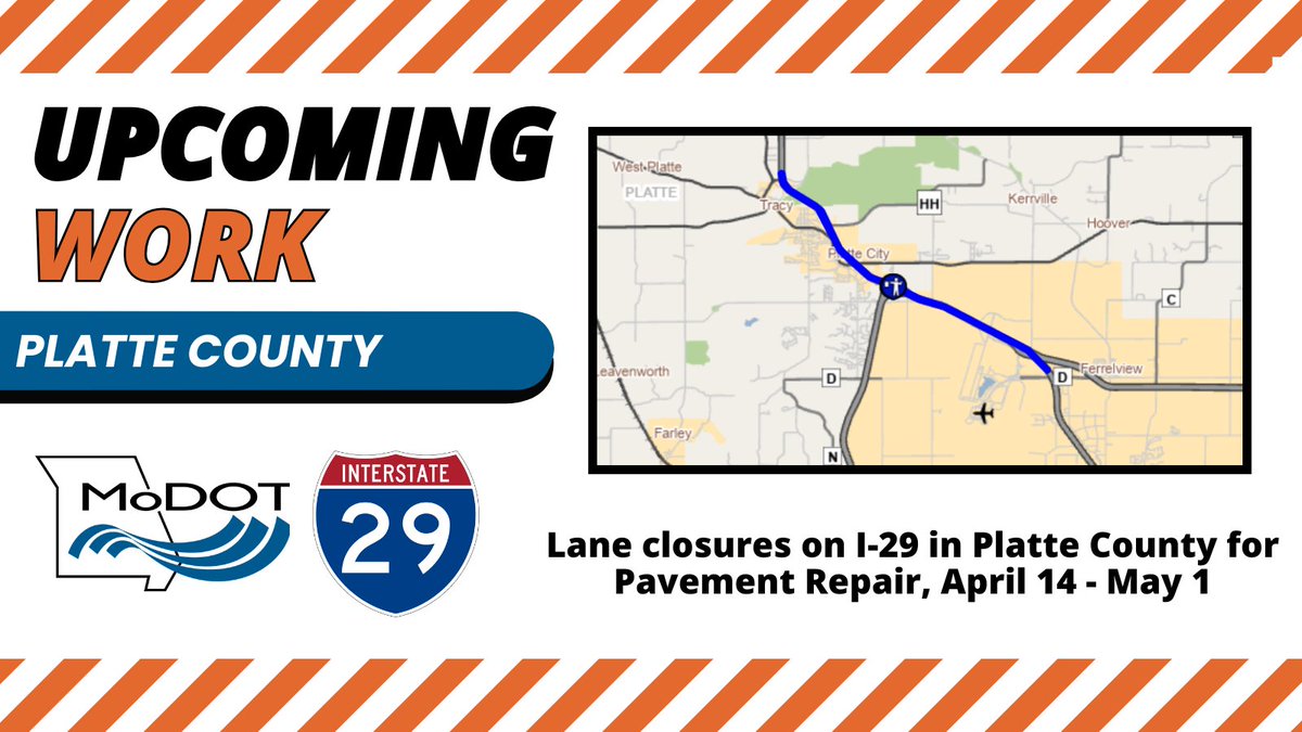PLATTE COUNTY – MoDOT will be conducting various lane closures for pavement repair work on I-29 between Missouri Route 273 and I-435 at the northbound on ramp beginning on approximately Monday, April 14 until Thursday, May 1 between 6 pm and 7 am. modot.org/node/66066