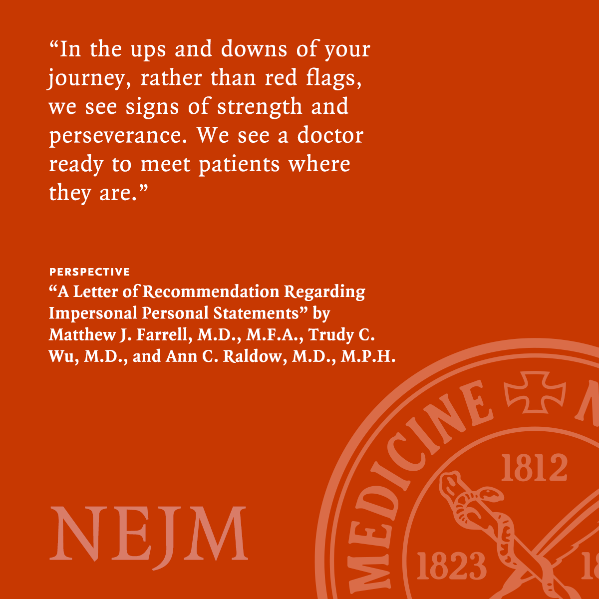 NEJM (@nejm) on Twitter photo Perspective by Matthew J. Farrell, MD, MFA (<a href="/mattfarrellmd/">Matthew J. Farrell</a>), Trudy C. Wu, MD (<a href="/TrudyWuMD/">Trudy Wu, MD</a>), and Ann C. Raldow, MD, MPH (<a href="/AnnRaldow_MD/">Ann Raldow, MD, MPH</a>): A Letter of Recommendation Regarding Impersonal Personal Statements nej.md/4lnOw7B
#MedEd Perspective by Matthew J. Farrell, MD, MFA (<a href="/mattfarrellmd/">Matthew J. Farrell</a>), Trudy C. Wu, MD (<a href="/TrudyWuMD/">Trudy Wu, MD</a>), and Ann C. Raldow, MD, MPH (<a href="/AnnRaldow_MD/">Ann Raldow, MD, MPH</a>): A Letter of Recommendation Regarding Impersonal Personal Statements nej.md/4lnOw7B
#MedEd